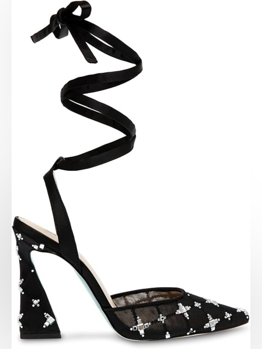Betsey Johnson Black Embellished Lace-Up Pointed Toe Heel with Teal Accent - Picture 2 of 4